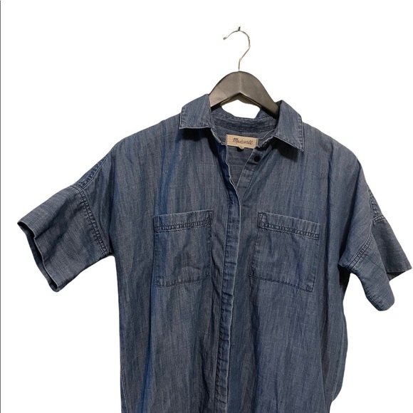 Madewell Chambray Denim Raw Edge Drop Hem Short Sleeve Button Down Shirt Dress - Picture 5 of 9